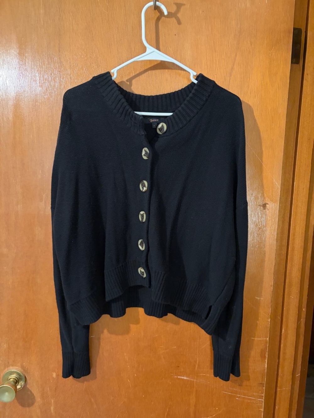 Quince Black Button-Front Cropped Cardigan